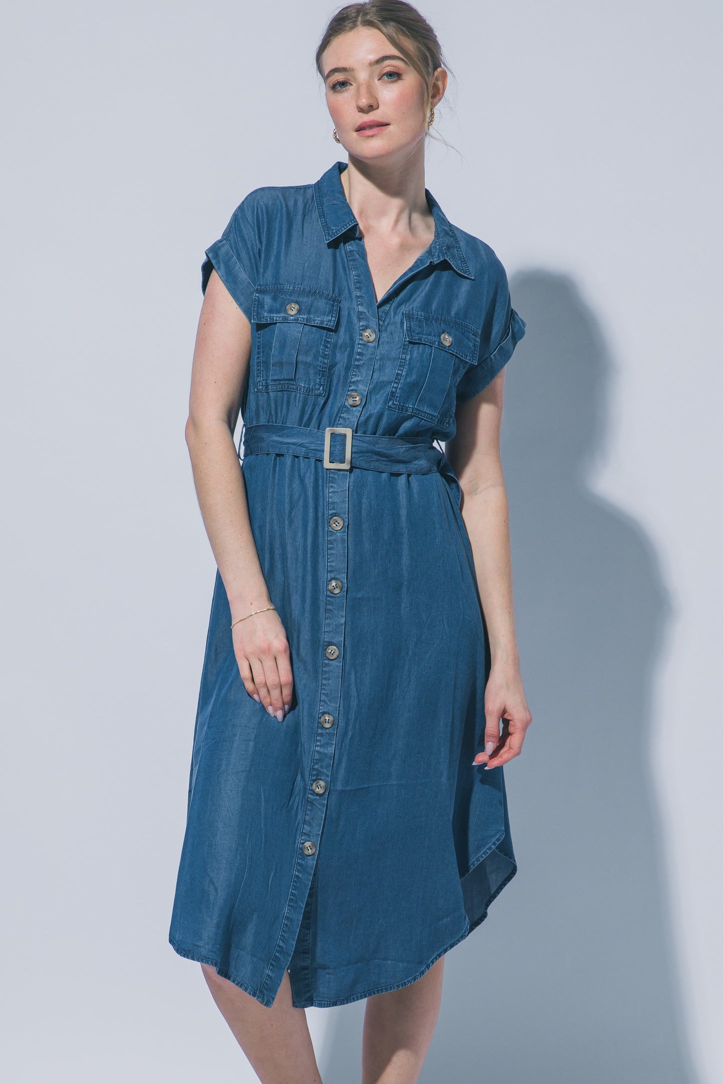 Short Sleeve Chambray Button-down Midi Dress