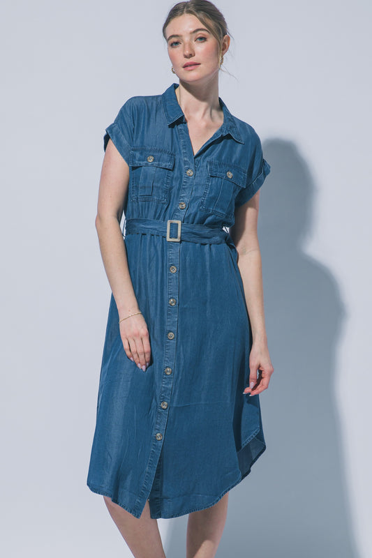 Short Sleeve Chambray Button-down Midi Dress