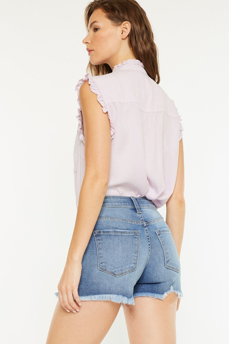 Mid Rise Medium Wash Stretch Denim Shorts
