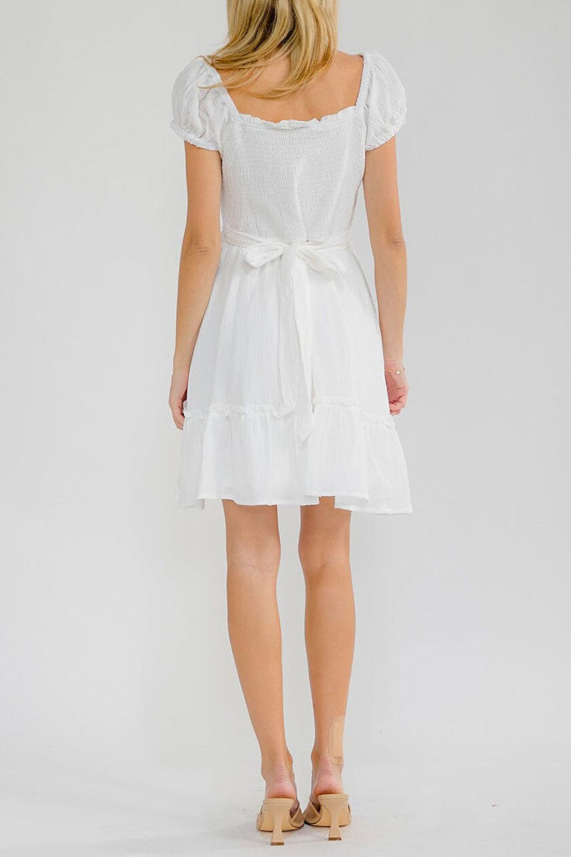 Short Sleeve Square Neck Front Pockets Smock Mini Dress