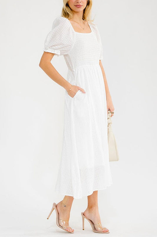 Short Puff Sleeve Square Neck Smock Tiered Maxi Dress with Pockets