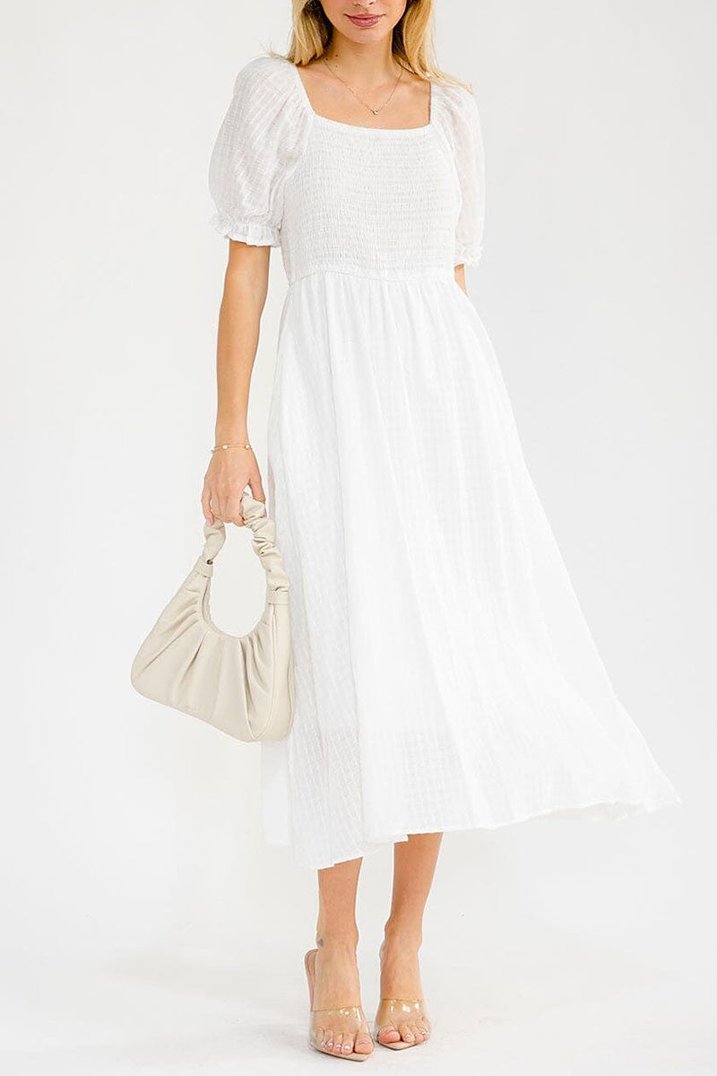 Short Puff Sleeve Square Neck Smock Tiered Maxi Dress with Pockets