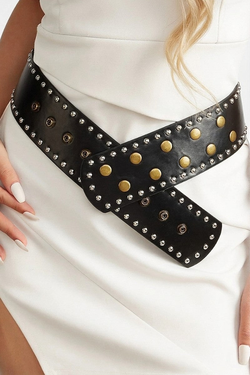 Faux Leather Wide Studded Slouch Belt
