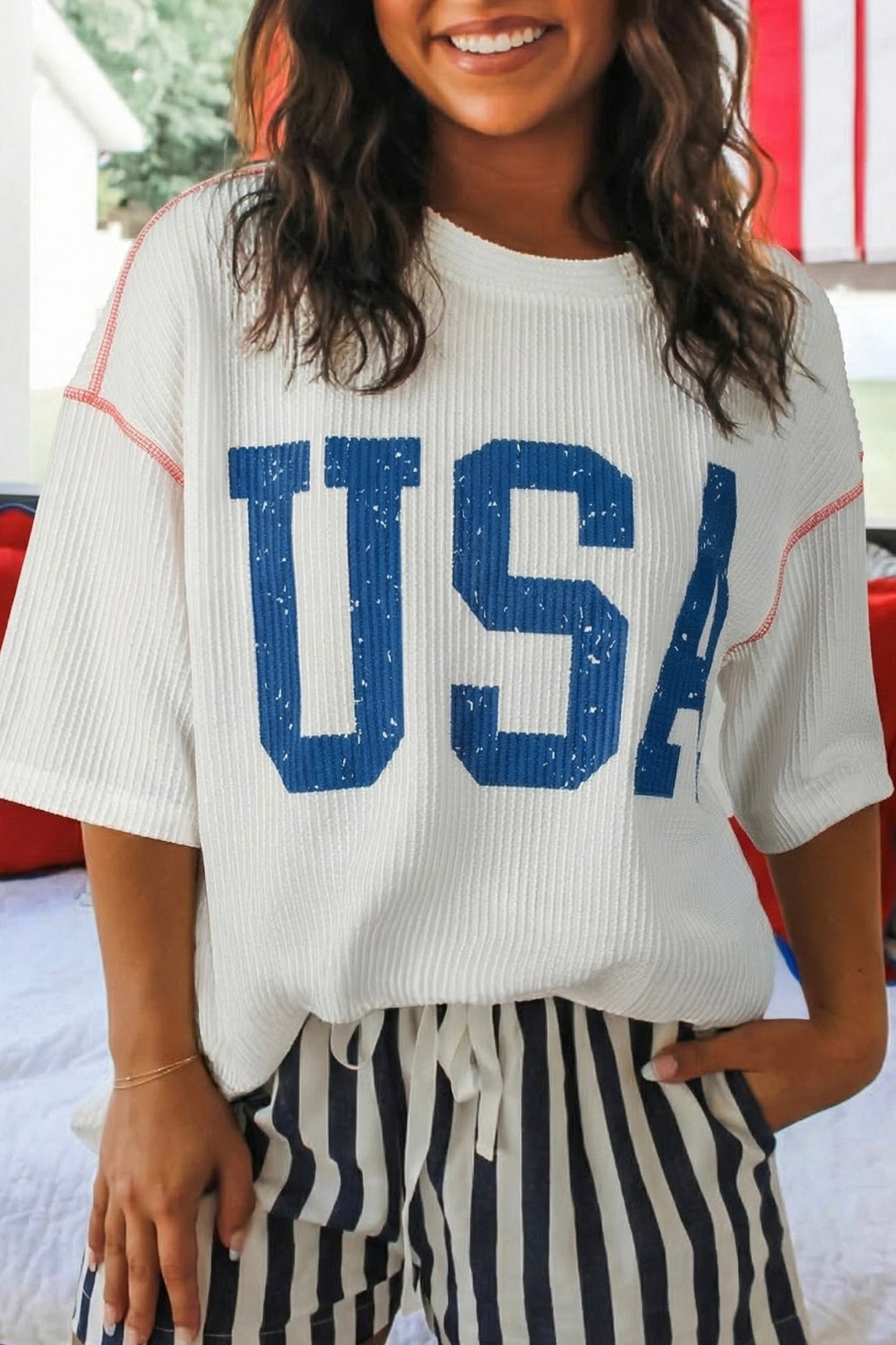 USA Graphic Half Sleeve Loose Ribbed Top