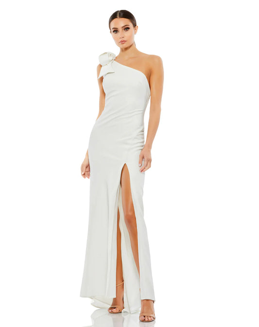 Bow One Shoulder Fitted Jersey Long Formal Dress with Side Slit