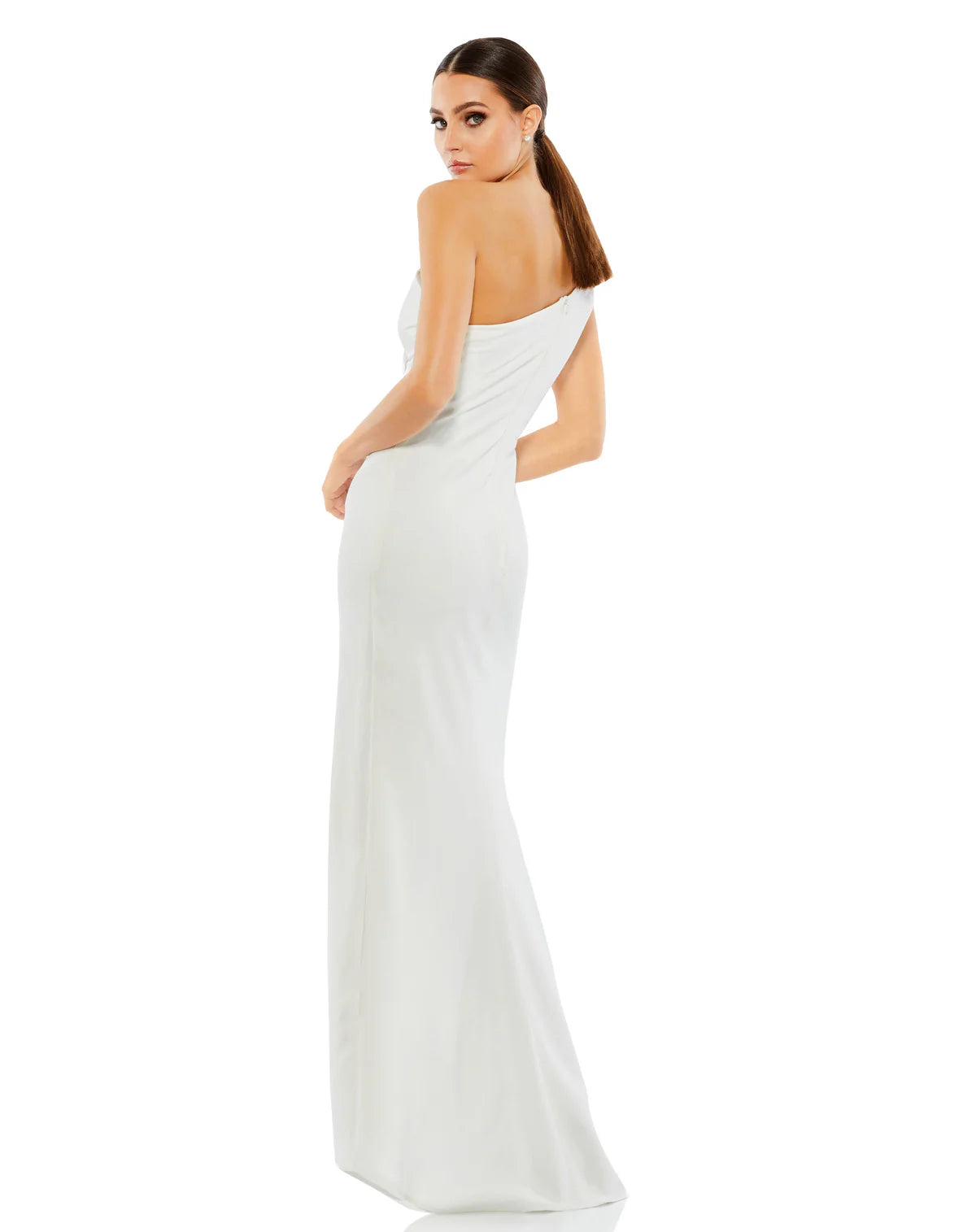 Bow One Shoulder Fitted Jersey Long Formal Dress with Side Slit