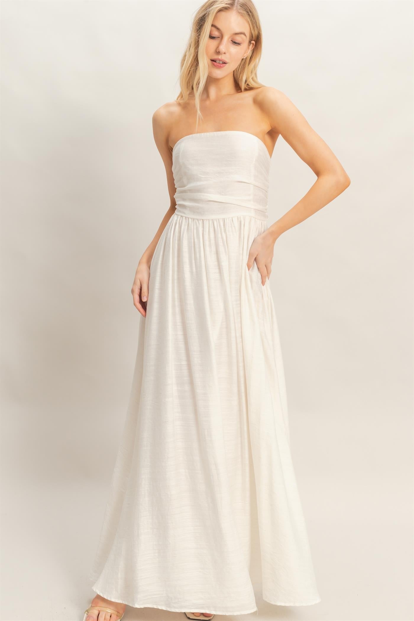 Strapless Fit and Flare Maxi Dress with Tie Back Bow