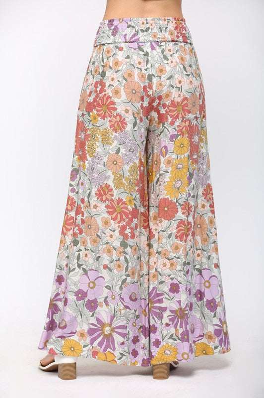 Smocked Waist Floral Flare Leg Long Pants