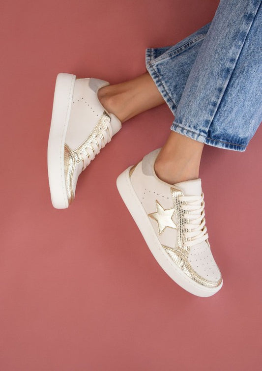 Lace Up Stylish Sneaker with Nude Trim and Gold Star Accent