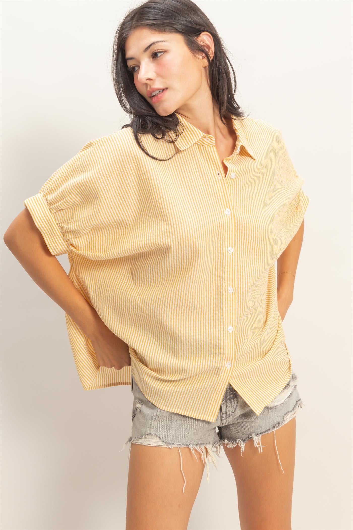 Striped Short Sleeve Button-front Blouse