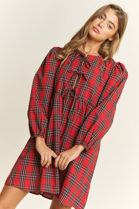 Long Puff Sleeve Babydoll Bow Accent Mini Plaid Dress