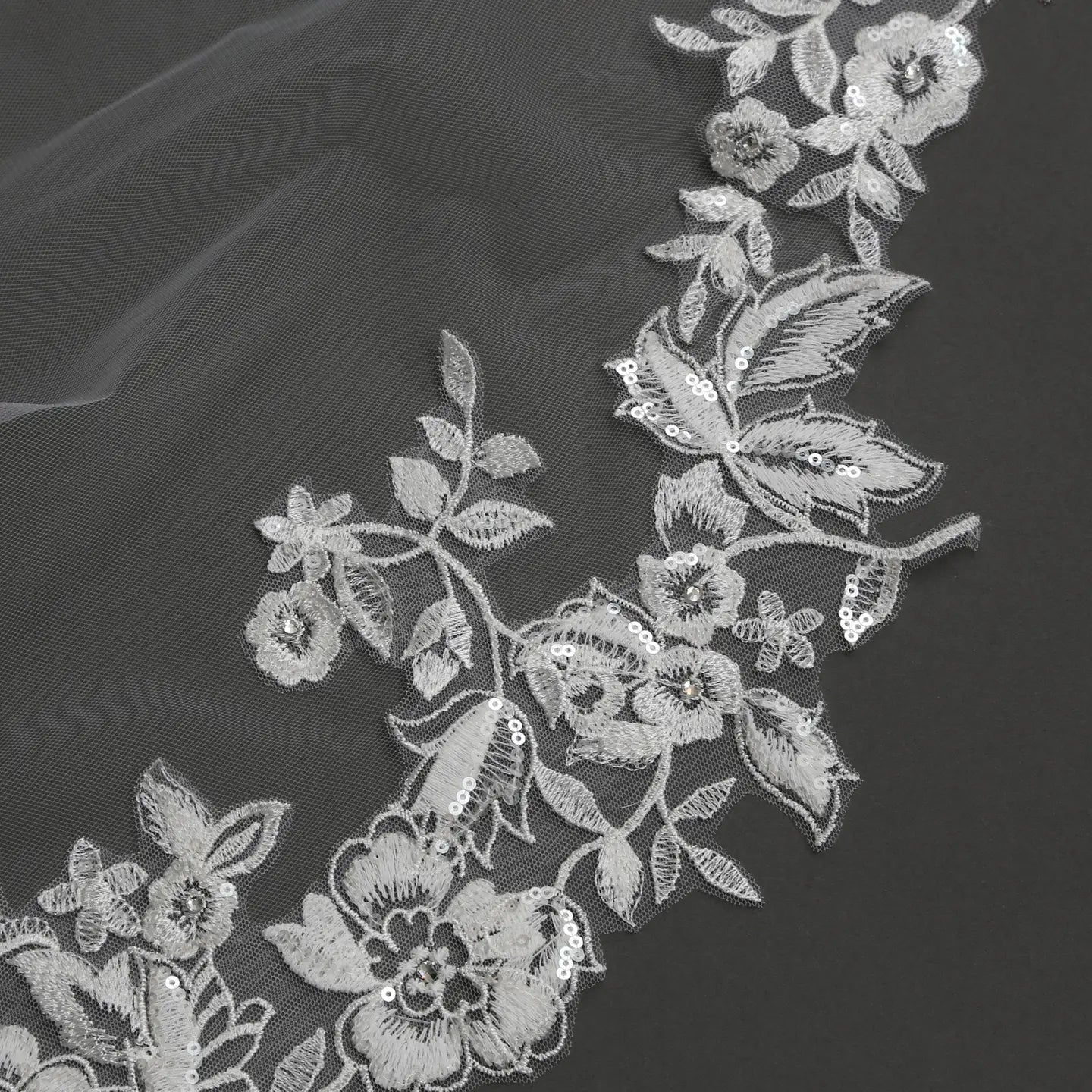 Floral Lace Cathedral Length Wedding Veil with Rhinestones and Sequins