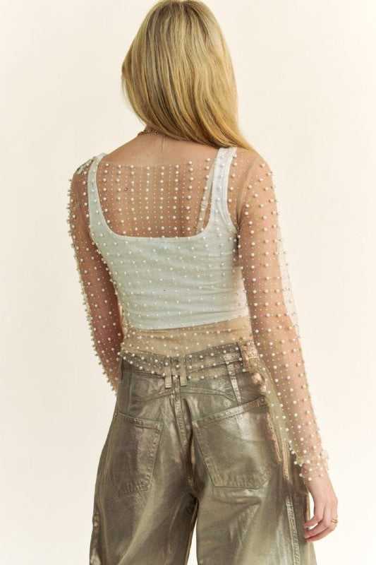 Long Sleeve Bead and Pearl Mesh Top