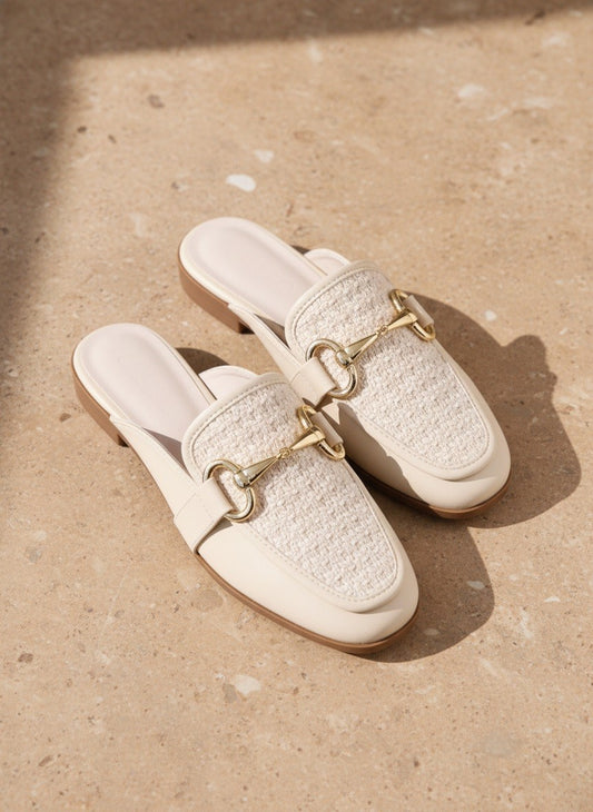 Sleek Woven Almond Toe Gold Horsebit Slide