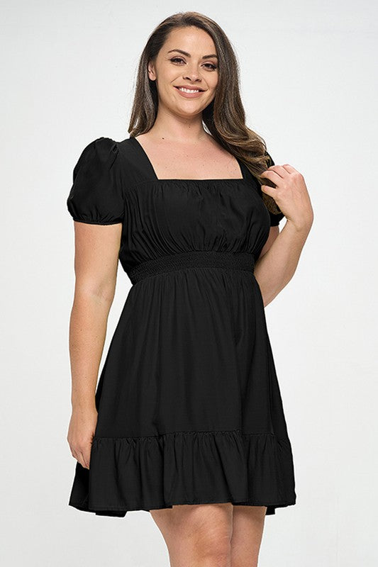 Curvy Short Sleeve Square Neck A Line Mini Dress with Cinch Waist and Tier Hem