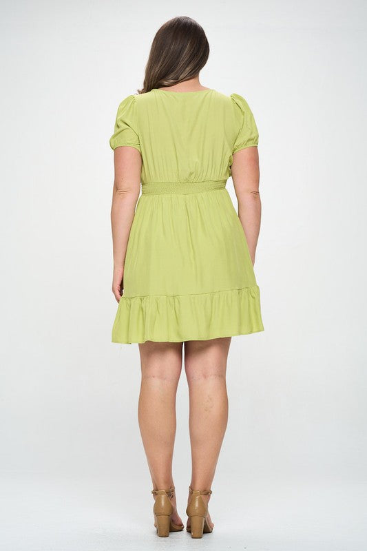 Curvy Short Sleeve Square Neck A Line Mini Dress with Cinch Waist and Tier Hem