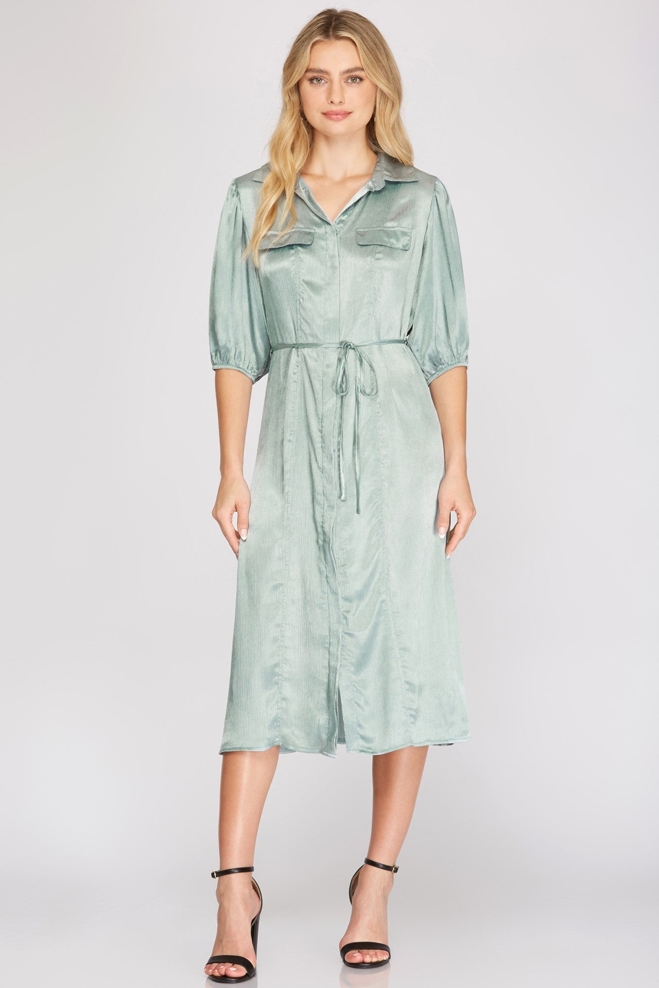 3/4 Sleeve Woven Collar Shirt Midi Dress with Waist Sash