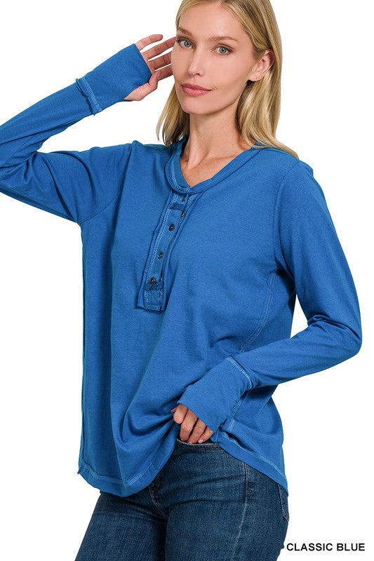 Long Sleeve Thumb Hole Cuff Top with Button Closure