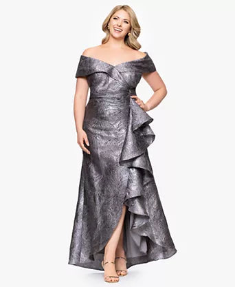Off the Shoulder Sweetheart Neckline Jacquard ALine Long Formal Dress with Ruffle Slit