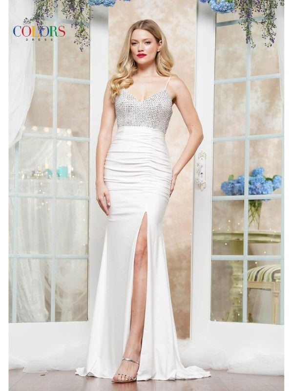 Spaghetti Strap Satin Lycra Fit and Flare Long Formal Dress with Side Slit