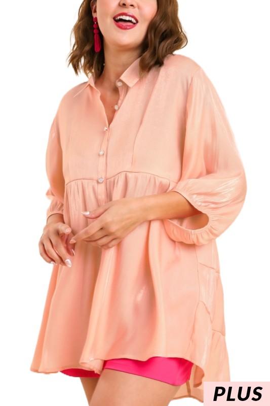 Curvy Satin 3/4 Sleeve Collar Button Down Babydoll Tunic