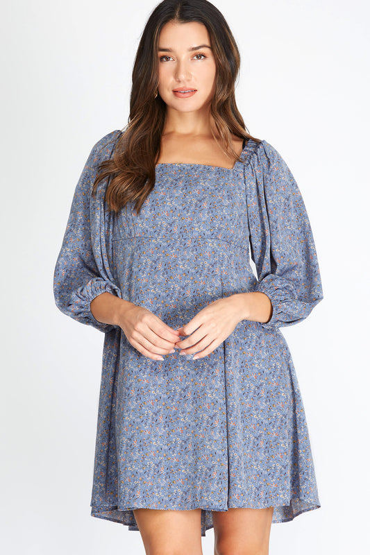 3/4 Sleeve Woven Print Mini Dress with Pleated Skirt and Back Tie Detail