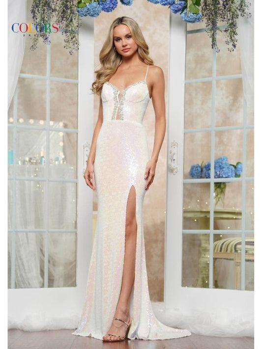 Spaghetti Strap Irredescent Sequins Long Formal Dress with Low V Rhinestone Bodice Accent and Side Slit