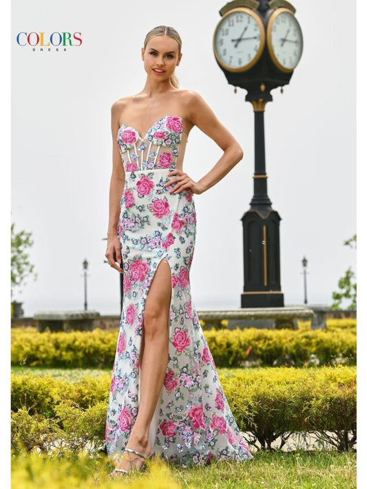 Strapless Floral Sequins Pointy Plunged Neck Long Formal Dress with Corset Back and Side Slit