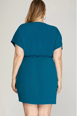 Curvy V Neck Wrap Short Dress with Short Sleeves