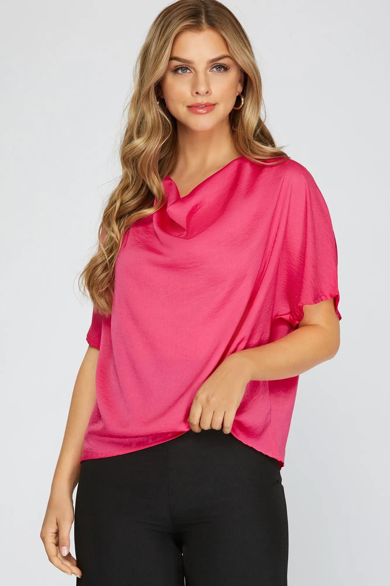 Short Sleeve Cowl Neck Woven Shirt