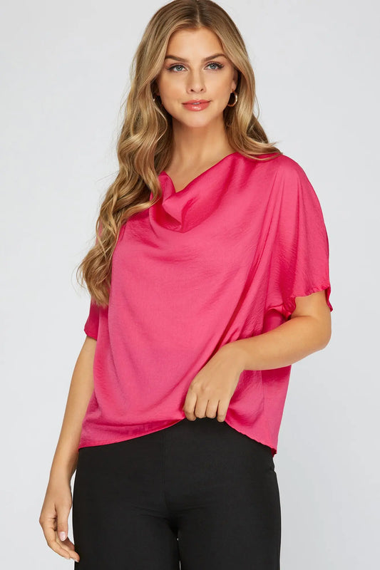 Short Sleeve Cowl Neck Woven Shirt