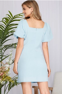 Short Balloon Sleeve Square Neck Textured Knit Short Dress with Zip Up Back Closure