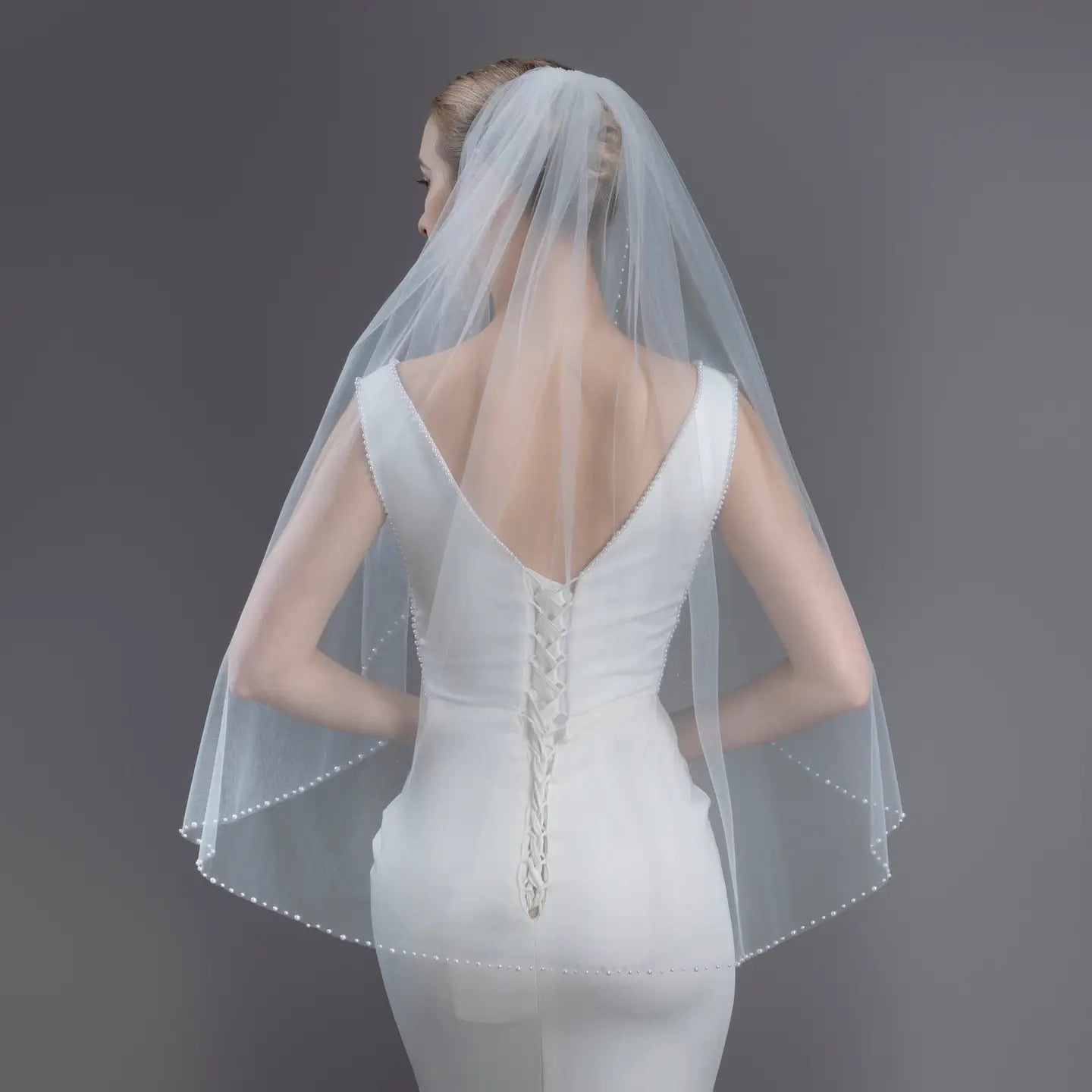 Elegant Pearl-Edged Bridal Veil, Fine Illusion Tulle