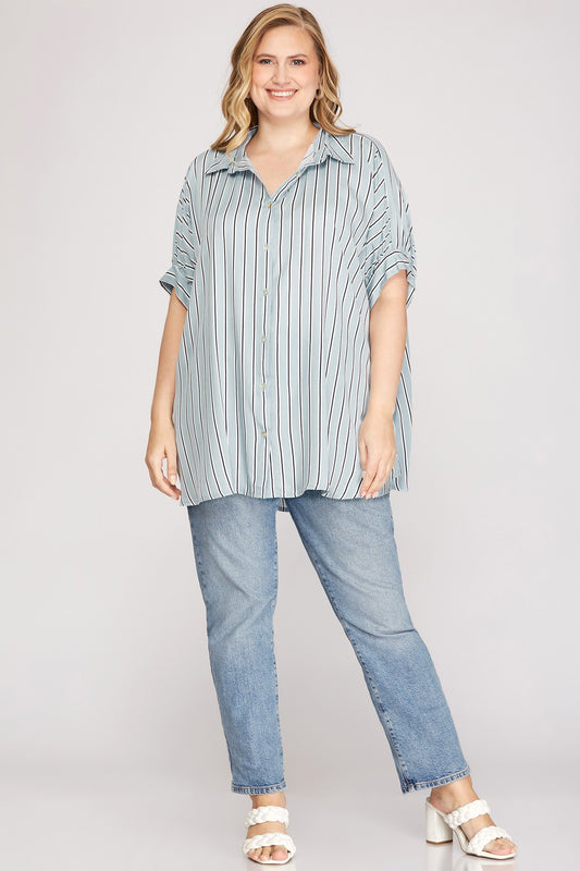Curvy Folded Drop Sleeve Stripe Print Woven Button Down Shirt