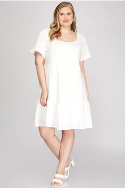 Curvy Short Sleeve Square Neck Gauze Tiered Midi Dress