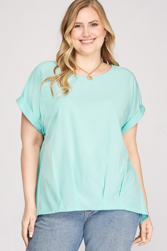 Curvy Short Drop Sleeve Boat Neck Woven Top
