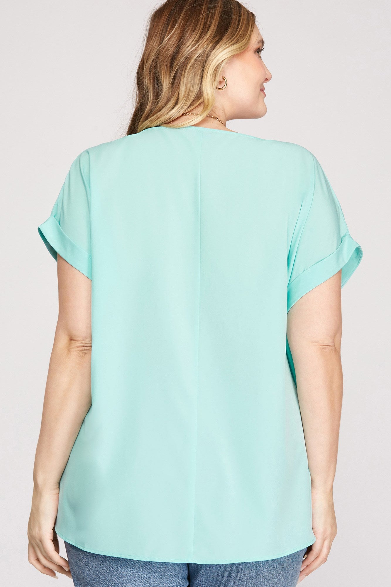 Curvy Short Drop Sleeve Boat Neck Woven Top