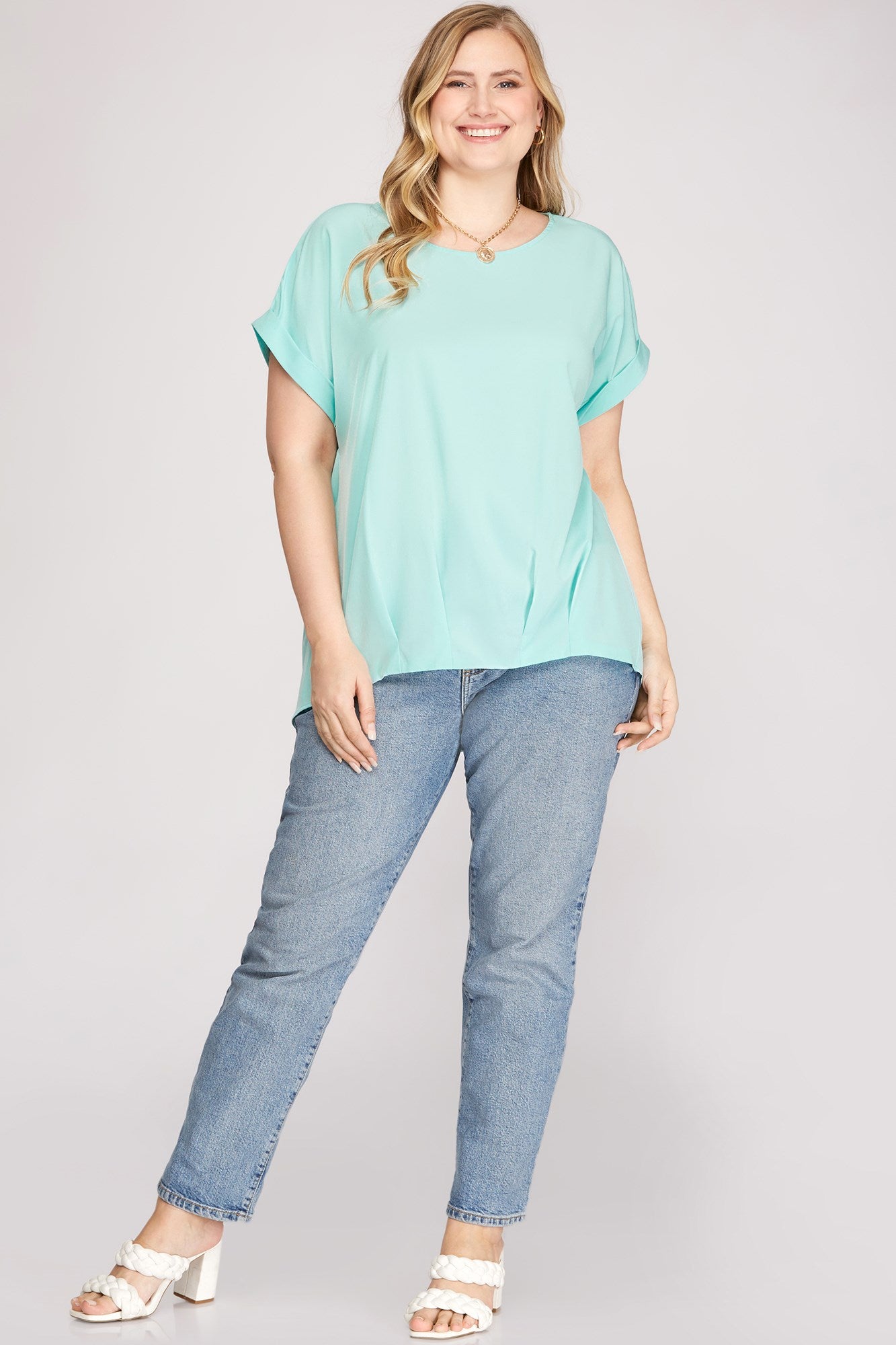 Curvy Short Drop Sleeve Boat Neck Woven Top