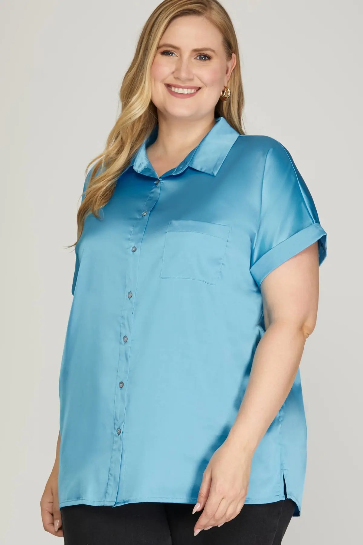 Curvy Short Sleeve Drop Shoulder Button Down Satin Shirt