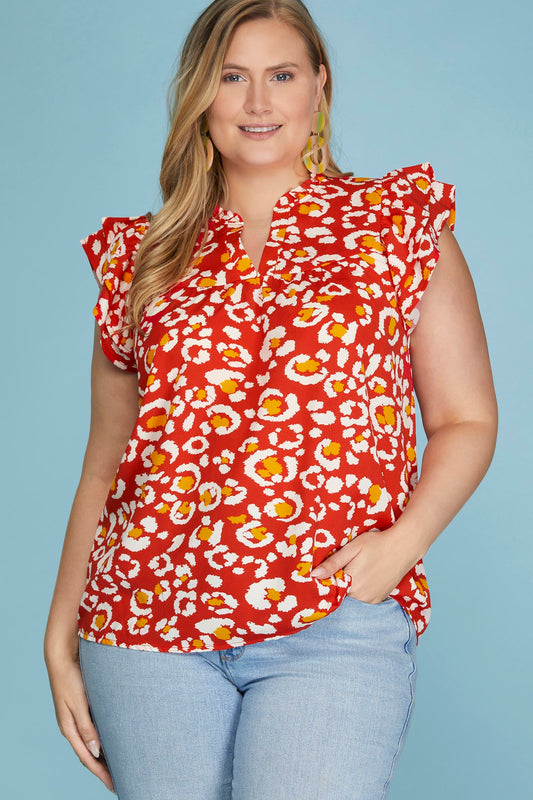 Curvy Butterfly Short Sleeve Woven Print Notched Neckline Top
