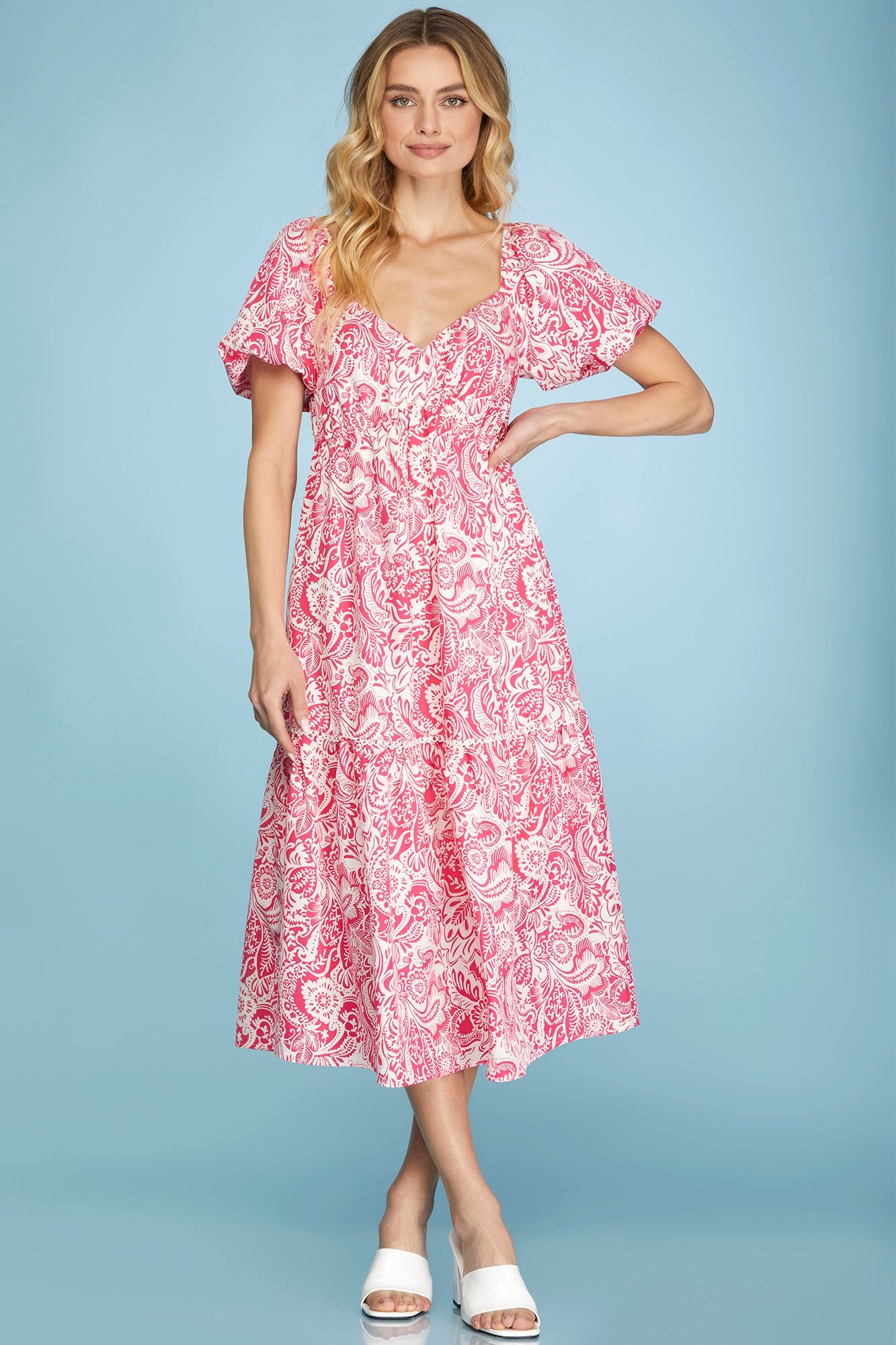 Short Puff Sleeve Woven Print Midi Dress with Side Pockets