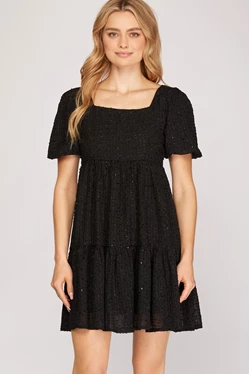 Short Puff Sleeve Square Neck Woven Babydoll Dress