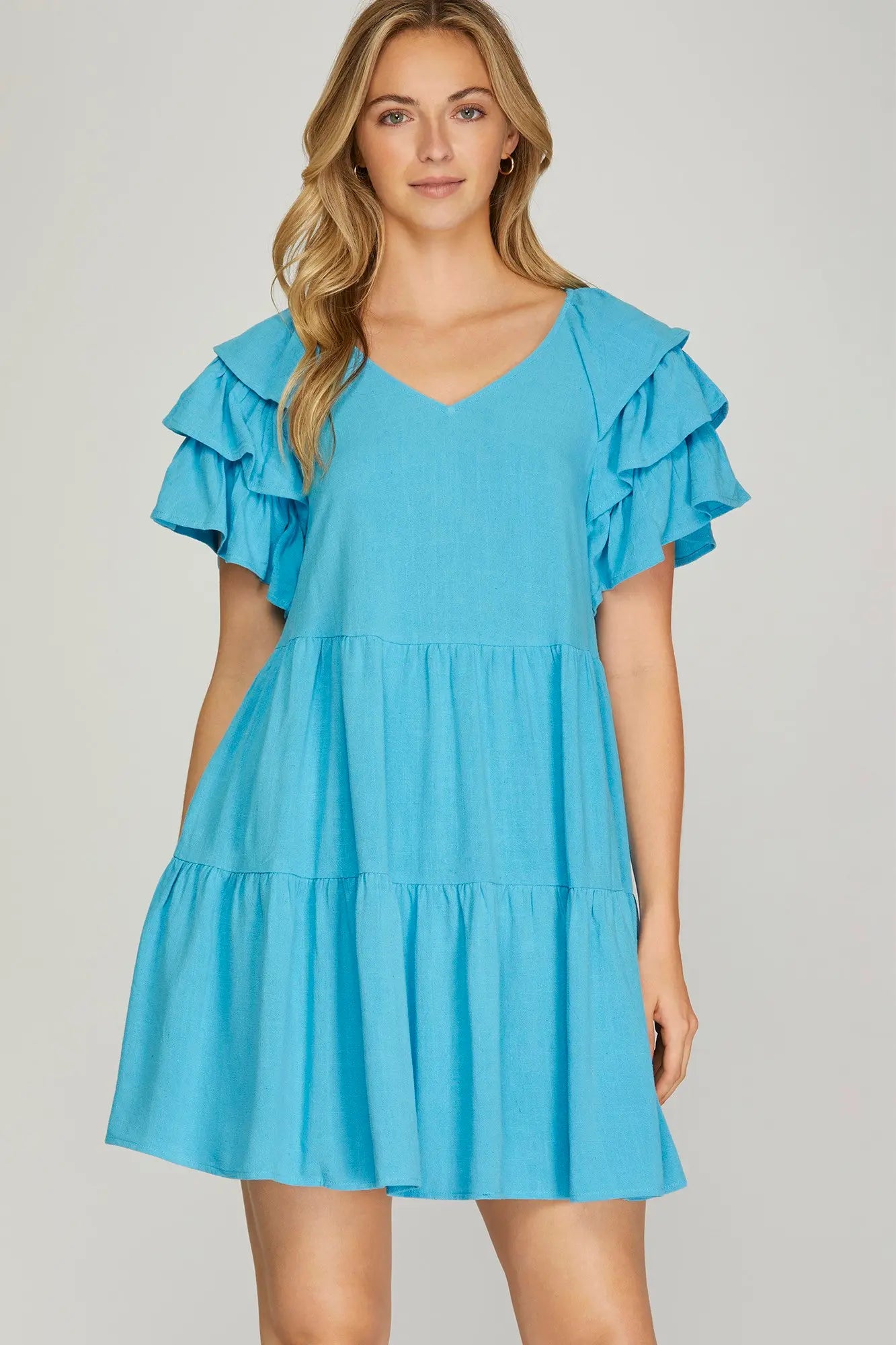 Short Ruffle Sleeve V Neck Woven Dress with Pockets