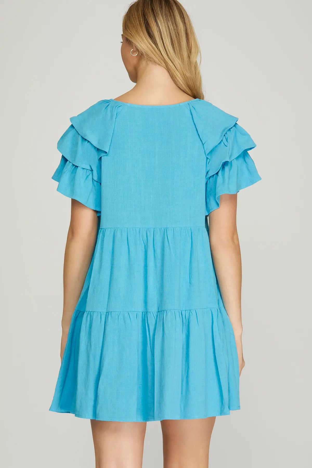 Short Ruffle Sleeve V Neck Woven Dress with Pockets