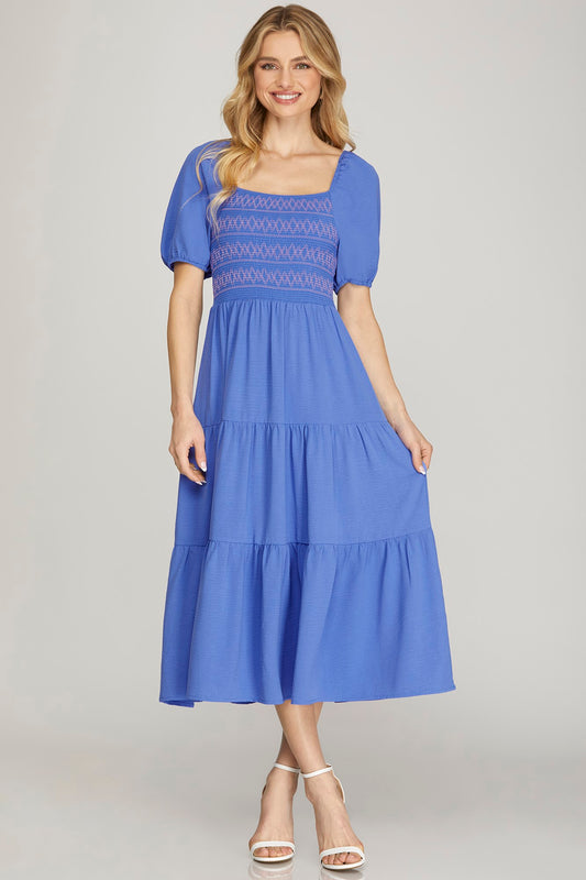 Short Sleeve Tiered Midi Dress