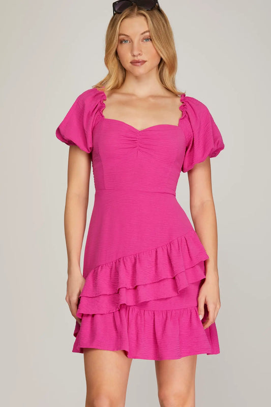 SHORT PUFF SLEEVE WOVEN RUFFLE HEM MINI DRESS WITH BACK SMOCKING