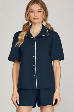 Short Puff Sleeve Button Up Shirt