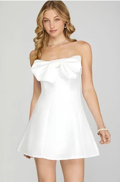 Strapless A Line Bow Mini Dress