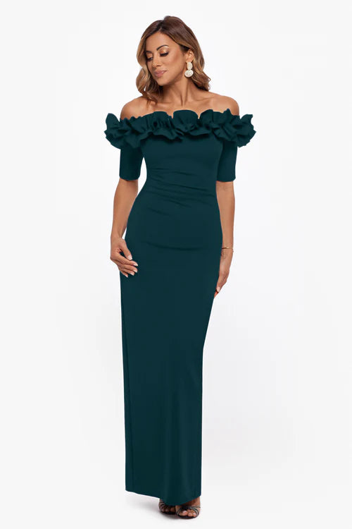 Petite Off the Shoulder Ruffle Scuba Long Fitted Formal Dress with Ruching