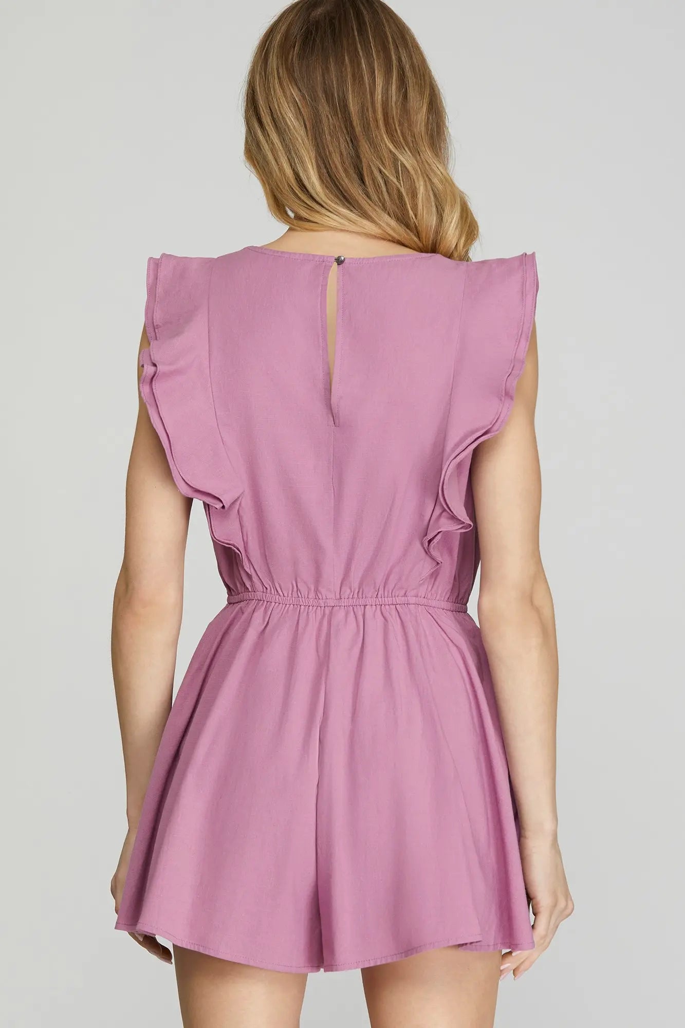 Short Flutter Sleeve Woven V Neck Romper with Pockets